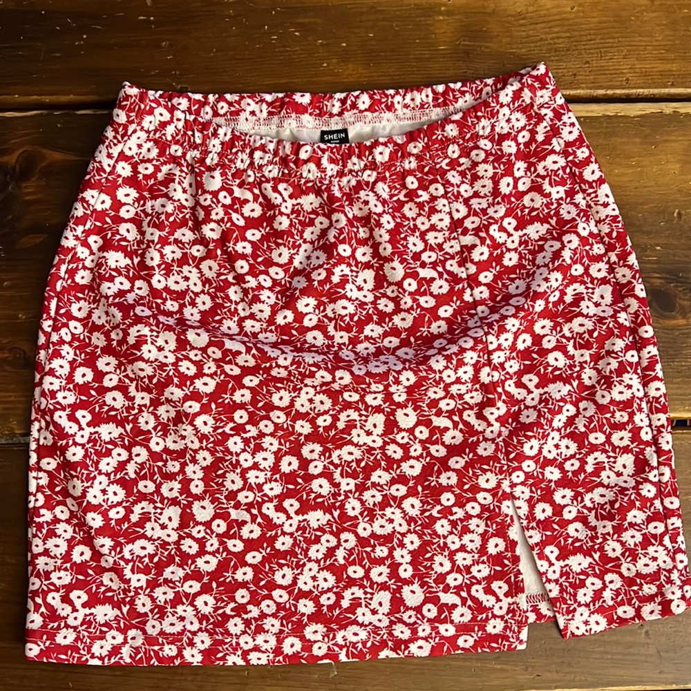 red floral skirt